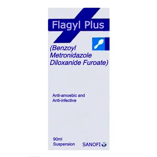 Flagyl Plus Suspension 90ml bottle packaging showing Benzoyl Metronidazole and Diloxanide Furoate ingredients by Sanofi.