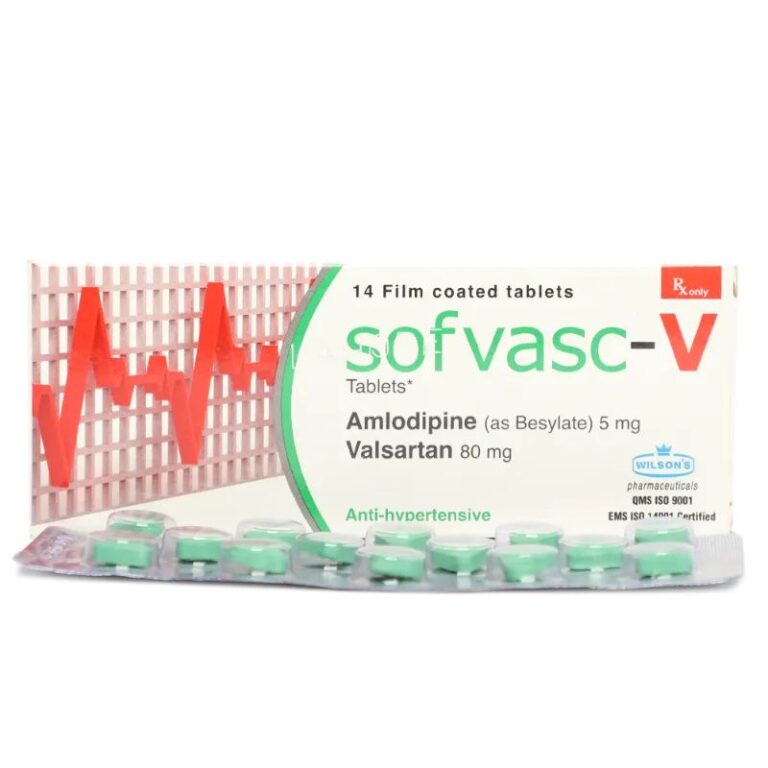 Sofvasc-V tablets box by Wilson's Pharmaceuticals containing Amlodipine 5mg and Valsartan 80mg for hypertension management.