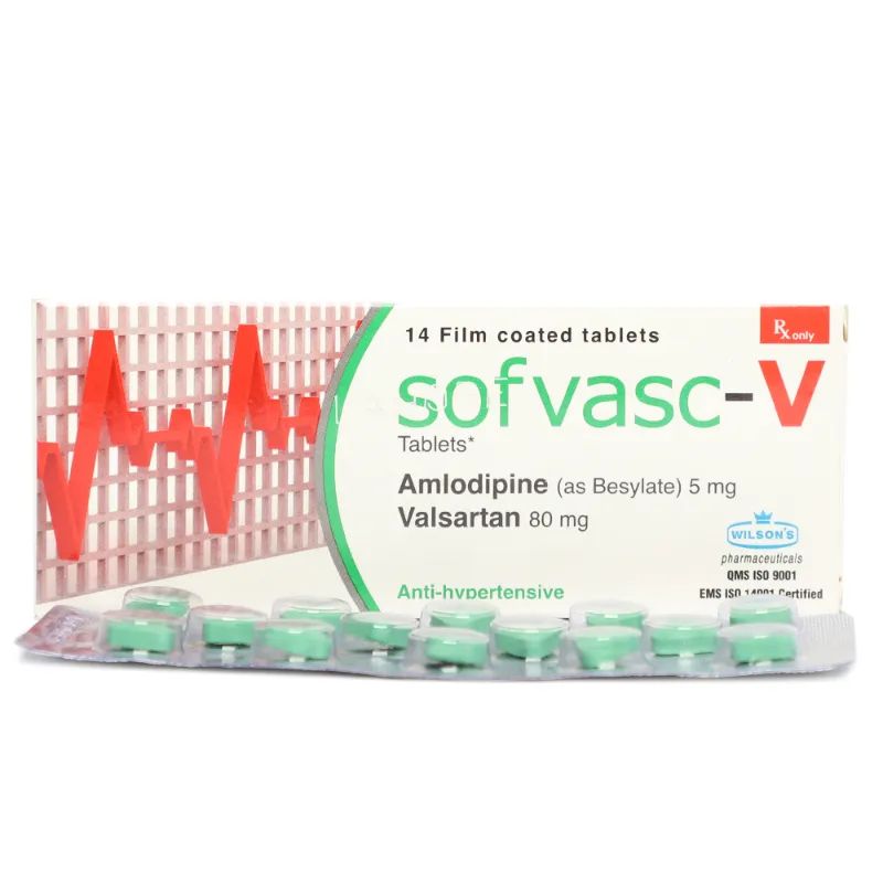 066416 Sofvasc-V tablets box by Wilson's Pharmaceuticals containing Amlodipine 5mg and Valsartan 80mg for hypertension management.