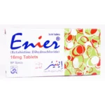 Box of Enier 16mg Tablets by Sami Pharmaceuticals containing thirty tablets of Betahistine Dihydrochloride.