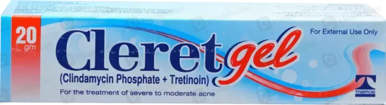 Cleret Gel 20gm box for moderate to severe acne treatment containing Clindamycin Phosphate and Tretinoin by Tabros Pharma.
