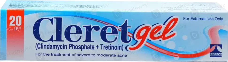 067277 Cleret Gel 20gm box for moderate to severe acne treatment containing Clindamycin Phosphate and Tretinoin by Tabros Pharma.