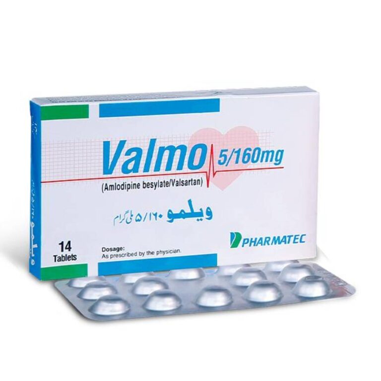 Valmo Amlodipine Valsartan 5/160 mg anti-hypertensive 14 tablets box and blister pack.