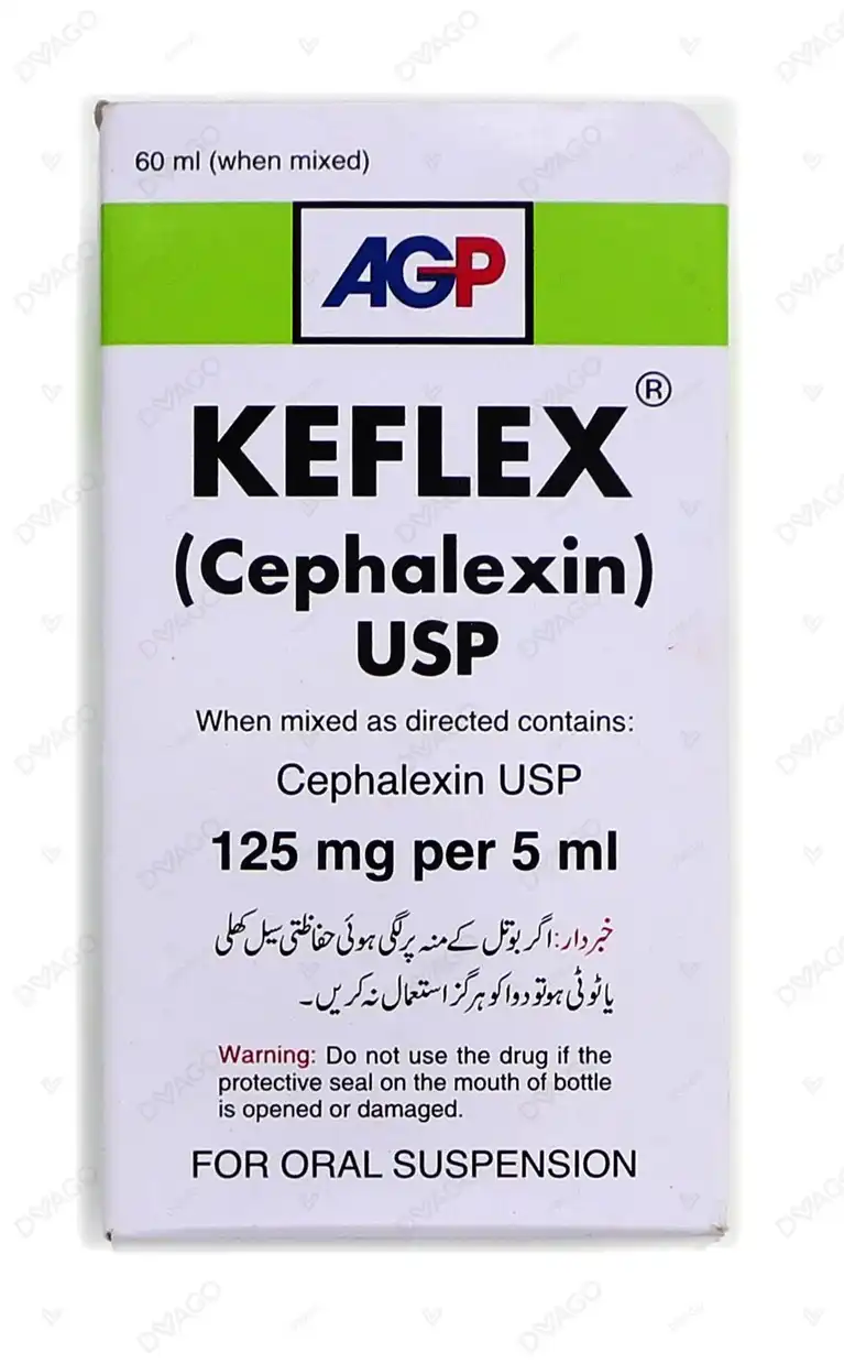 Keflex Oral Suspension 125mg per 5ml box by AGP featuring Cephalexin USP powder for 60ml antibiotic treatment.