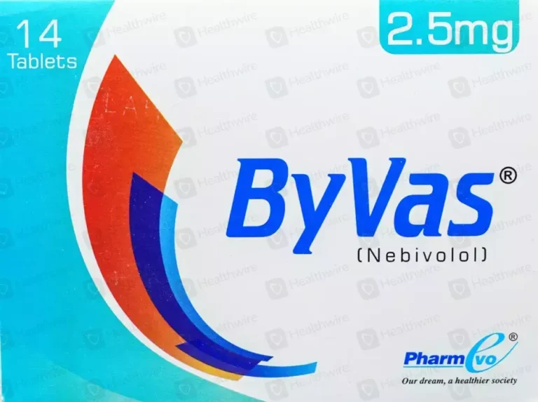 ByVas 2.5mg Nebivolol tablets packaging box, 14 tablets pack by PharmEvo.