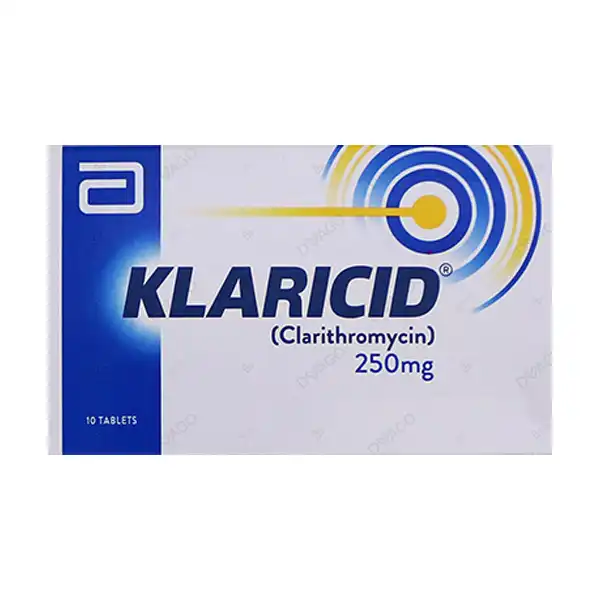 Klaricid 250mg Clarithromycin 10 tablets box by Abbott for bacterial infection treatment.