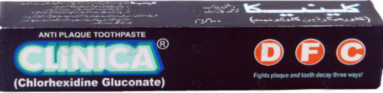 Clinica Anti Plaque Toothpaste box featuring Chlorhexidine Gluconate for fighting plaque and tooth decay.