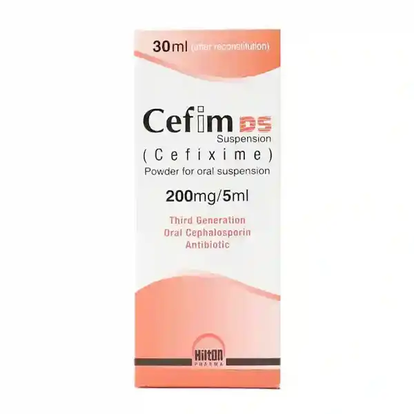 Cefim DS Suspension 200mg/5ml box by Hilton Pharma showing Cefixime powder for oral suspension 30ml.