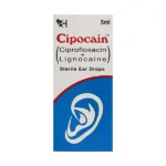 5ml bottle of Cipocain Sterile Ear Drops containing Ciprofloxacin and Lignocaine for ear pain relief.