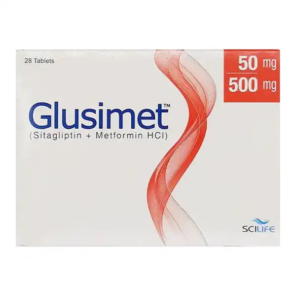 32553 Glusimet 50mg/500mg Tablets box by SCILIFE containing Sitagliptin and Metformin HCl for type 2 diabetes management.