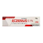 Box of Eczemus 0.1% Ointment containing Tacrolimus for eczema treatment by Brookes.