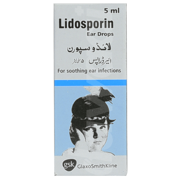 A box of Lidosporin Ear Drops for Ear Infections by GSK, a 5ml soothing antibiotic and anesthetic formula for ear canal treatment.