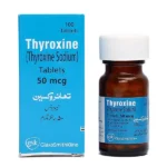 Thyroxine 50 mcg Tablets by GSK showing the blue box packaging and the amber glass bottle containing 100 tablets.