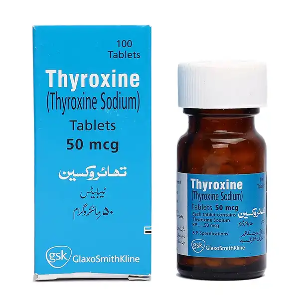 Thyroxine 50 mcg Tablets by GSK showing the blue box packaging and the amber glass bottle containing 100 tablets.