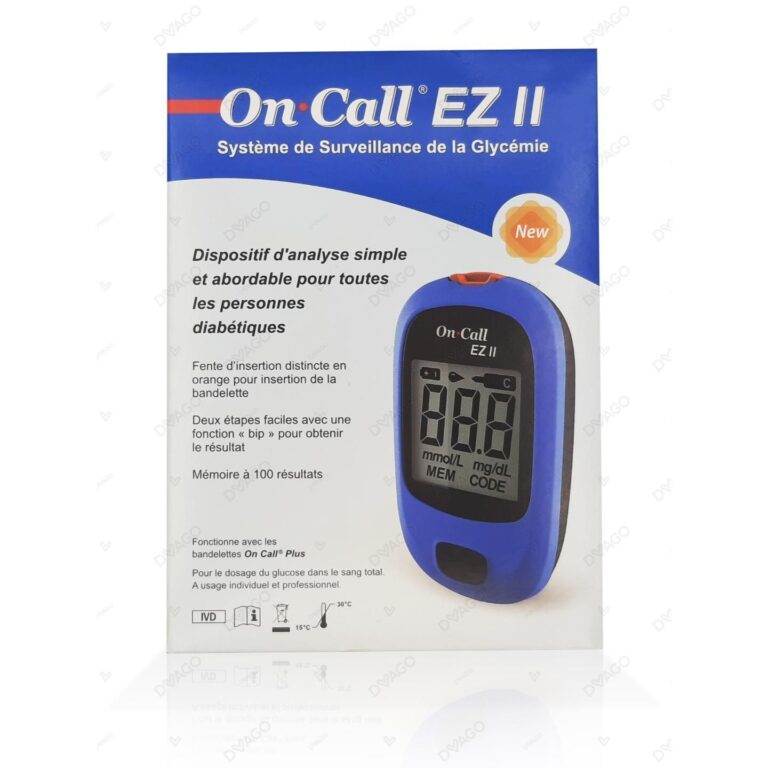 On Call EZ II blood glucose monitoring system in blue and white packaging.