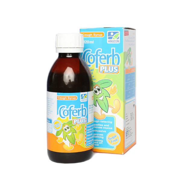 120ml bottle and box of Coferb PLUS sugar-free herbal cough syrup featuring Ivy Leaf, Thyme, and Licorice.