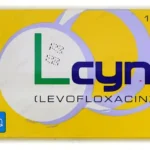A yellow and white box of L-cyn Levofloxacin 250mg 10 tablets by HIGH-Q Pharmaceuticals for treating bacterial infections.