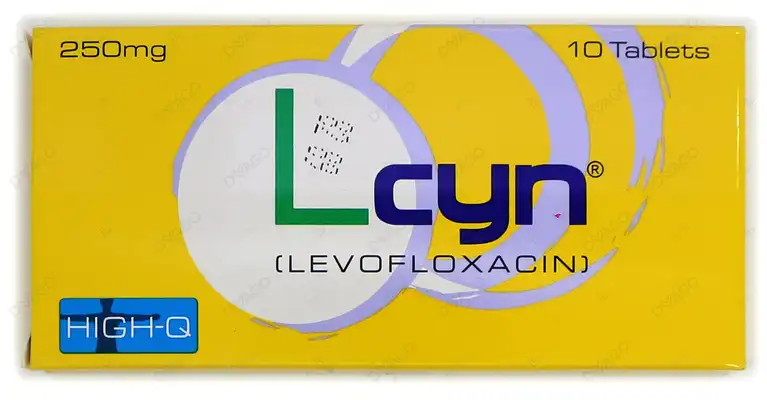 A yellow and white box of L-cyn Levofloxacin 250mg 10 tablets by HIGH-Q Pharmaceuticals for treating bacterial infections.