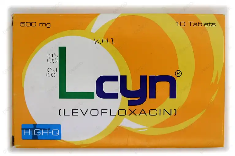 L-cyn Levofloxacin 500mg 10 tablets pack by HIGH-Q Pharmaceuticals for treating various bacterial infections.