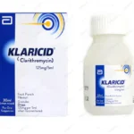 Klaricid 125mg per 5ml oral suspension 30ml bottle and box featuring Clarithromycin granules in fruit punch flavor by Abbott.