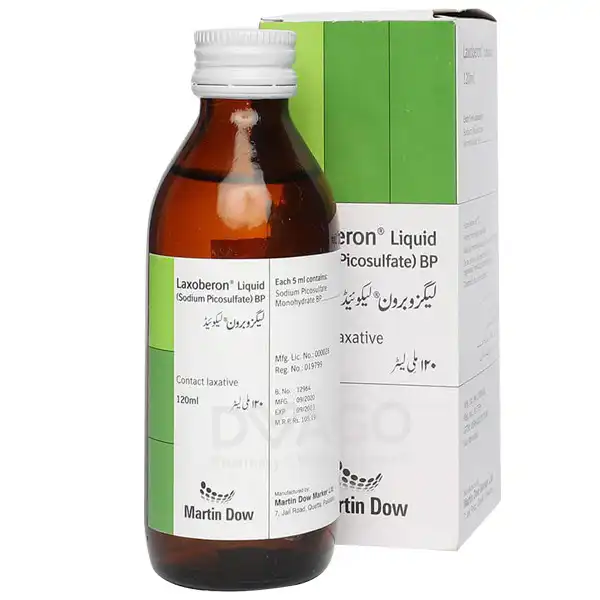 46425 A 120ml bottle and packaging of Laxoberon Liquid (Sodium Picosulfate) contact laxative by Martin Dow for effective constipation relief.