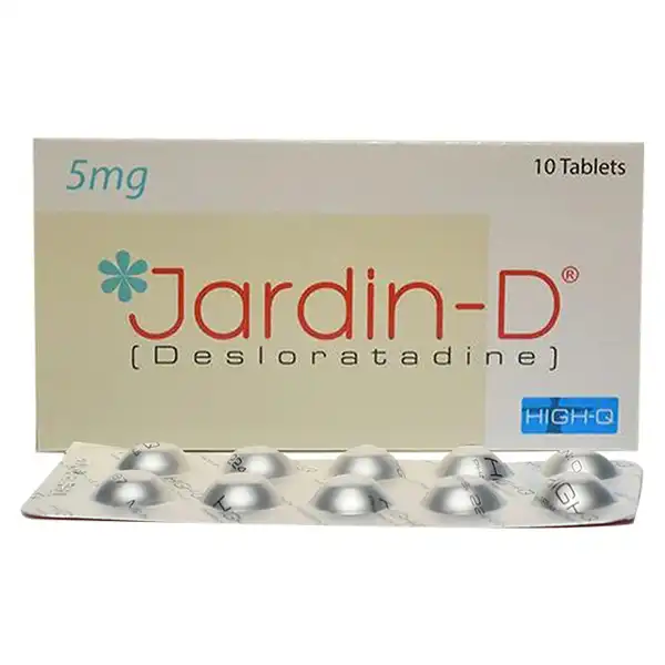 Jardin-D 5mg Desloratadine 10 tablets box and blister pack by High-Q for effective 24-hour allergy relief.