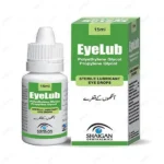 Box and bottle of EyeLub Sterile Lubricant Eye Drops containing fifteen ml of Polyethylene Glycol and Propylene Glycol.