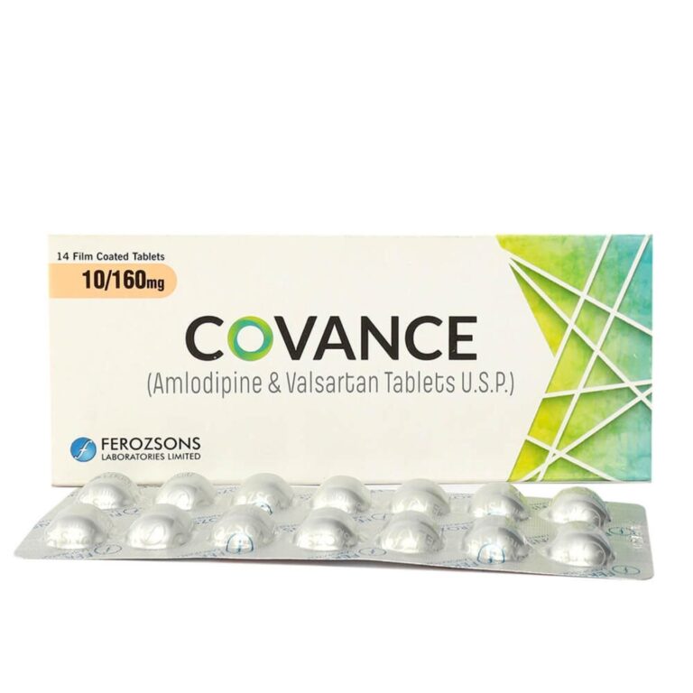 Box of Covance 10/160mg tablets by Ferozsons Laboratories for high blood pressure treatment.