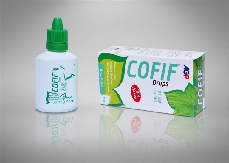 A 20ml bottle and box of Cofif herbal cough drops featuring Ivy Leaf Extract and Honey by AGP.