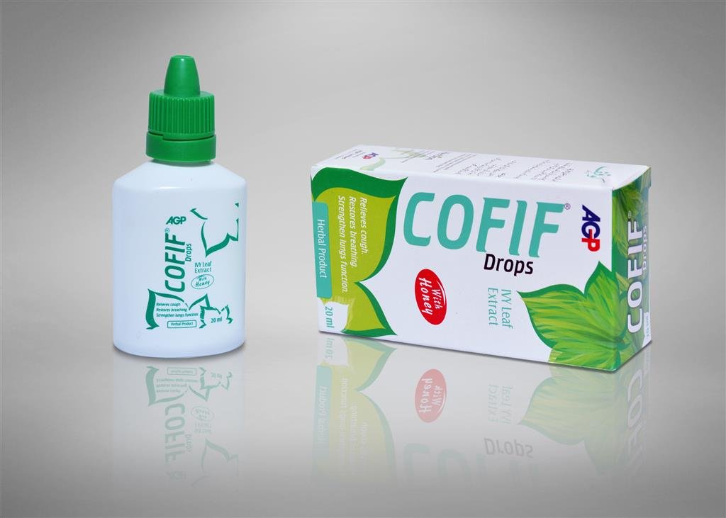 5301093829574 A 20ml bottle and box of Cofif herbal cough drops featuring Ivy Leaf Extract and Honey by AGP.