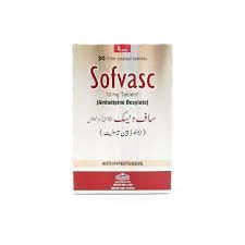 Sofvasc 10mg film-coated tablets box by Hilton Pharma, containing 30 tablets of Amlodipine Besylate for blood pressure control.