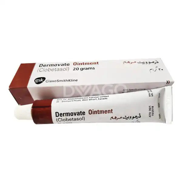 68011 Packaging and tube of Dermovate Ointment 20g containing Clobetasol Propionate by GlaxoSmithKline (GSK).