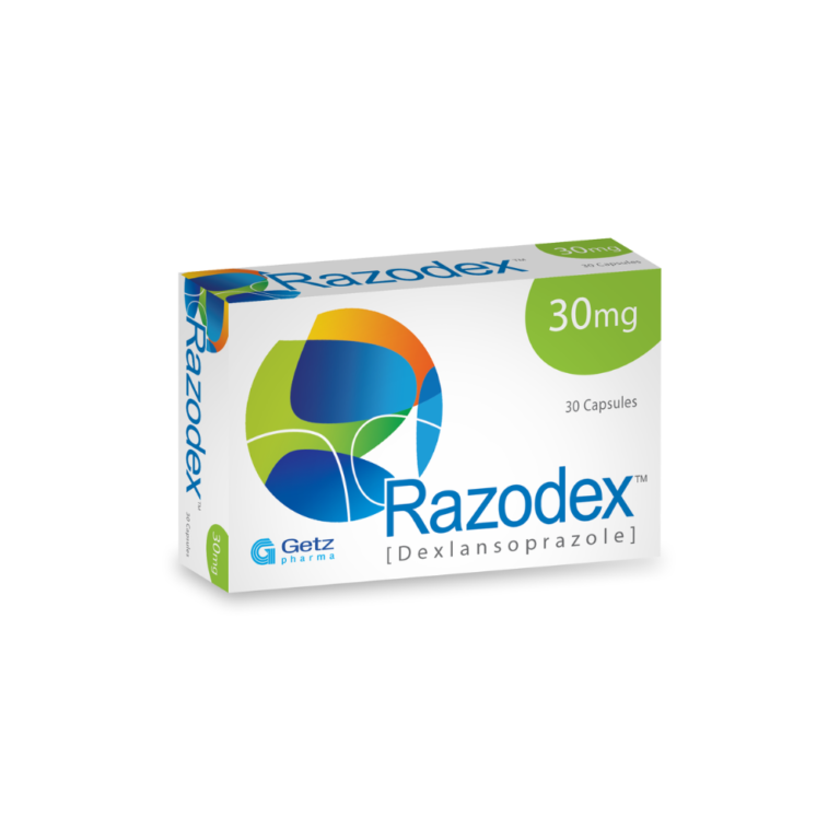 Razodex 30mg Dexlansoprazole capsules box for GERD and acid reflux treatment by Getz Pharma.