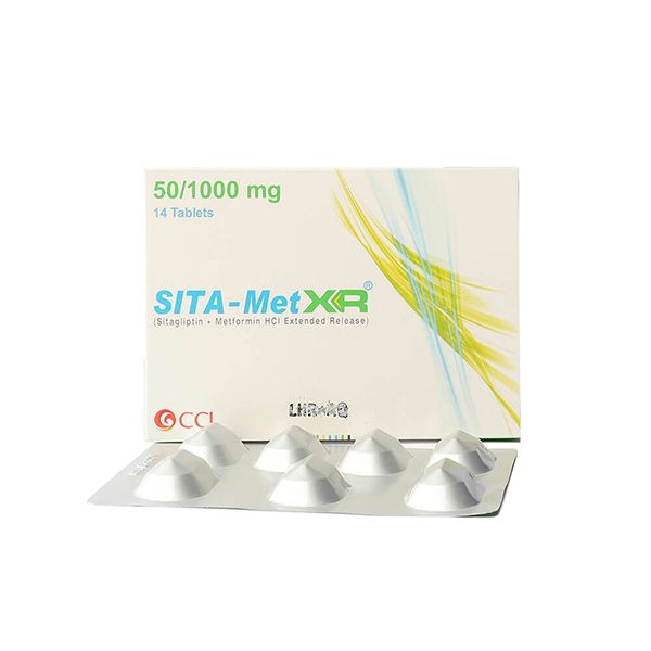 SITA-Met XR 50/1000mg box and blister pack of 14 extended-release tablets for diabetes management.