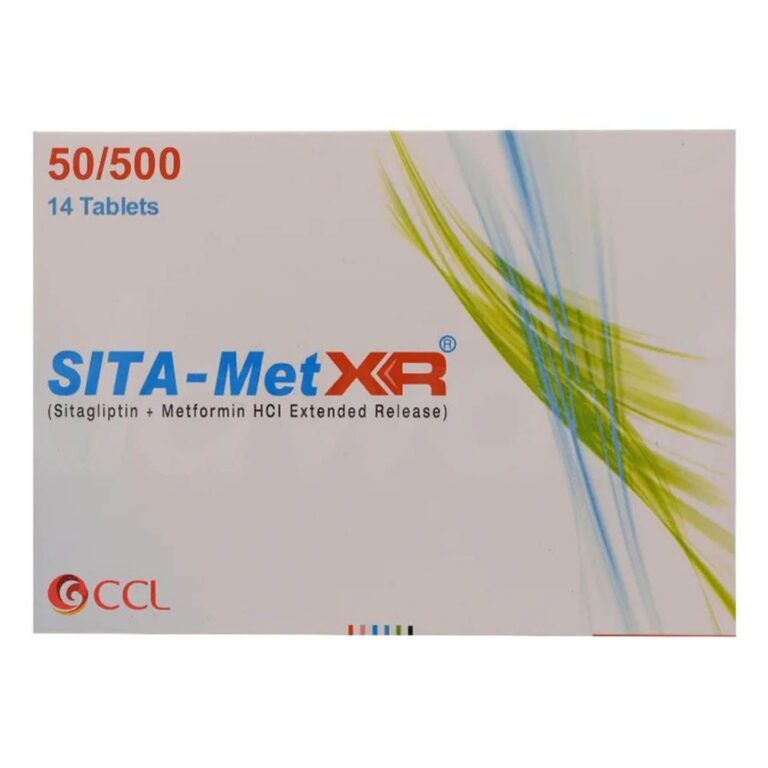 SITA-Met XR 50/500mg Tablets box for type 2 diabetes management containing Sitagliptin and Metformin XR.
