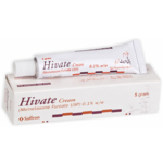 Hivate Cream 5g tube and box featuring Mometasone Furoate 0.1% for inflammatory skin conditions by Saffron Pharmaceuticals.