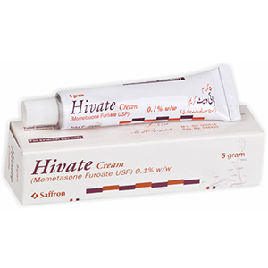 82426 Hivate Cream 5g tube and box featuring Mometasone Furoate 0.1% for inflammatory skin conditions by Saffron Pharmaceuticals.