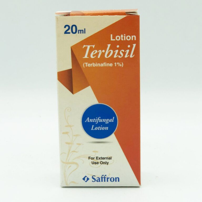 Terbisil 1% Terbinafine Antifungal Lotion 20ml bottle packaging by Saffron for external use.