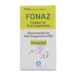 Fonaz Powder for Oral Suspension 35ml bottle packaging featuring Fluconazole 50mg/5ml strength by ATCO Pharma.