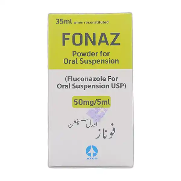 Fonaz Powder for Oral Suspension 35ml bottle packaging featuring Fluconazole 50mg/5ml strength by ATCO Pharma.