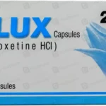 Flux 20mg Capsules box packaging showing 14 capsules of Fluoxetine HCl by Hilton Pharma.