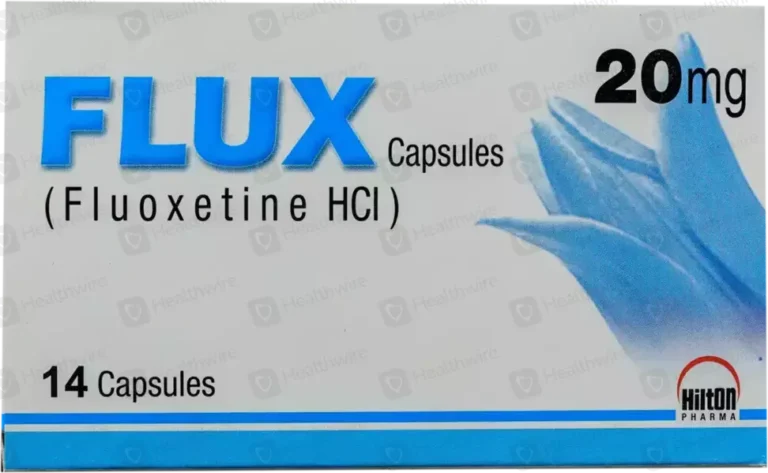 Flux 20mg Capsules box packaging showing 14 capsules of Fluoxetine HCl by Hilton Pharma.