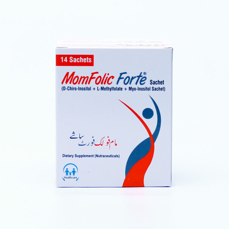 MomFolic Forte Sachet box of 14 dietary supplement packets for women's reproductive health and PCOS management.