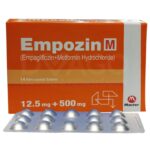 Empozin M 12.5mg + 500mg orange box and blister pack containing 14 film-coated tablets of Empagliflozin and Metformin.