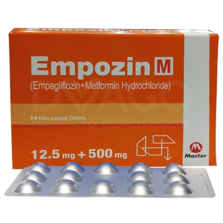Empozin M 12.5mg + 500mg orange box and blister pack containing 14 film-coated tablets of Empagliflozin and Metformin.