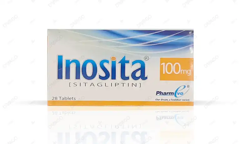 Inosita 100mg Tablets box by PharmEvo containing 28 Sitagliptin tablets for blood sugar control.