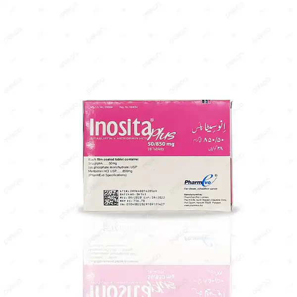 Inosita Plus 50/850mg Tablets box by PharmEvo containing Sitagliptin and Metformin for blood sugar management.
