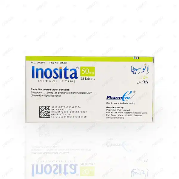 Inosita 50mg box by PharmEvo containing 28 Sitagliptin tablets for type 2 diabetes management.