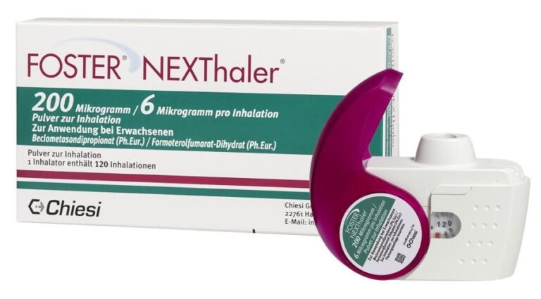 Foster NEXThaler 200/6 mcg dry powder inhaler and packaging by Chiesi, containing 120 inhalations of Beclometasone and Formoterol.