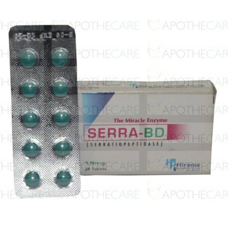 A blister pack and box of Serra-BD (Serratiopeptidase) 10mg anti-inflammatory enzyme tablets